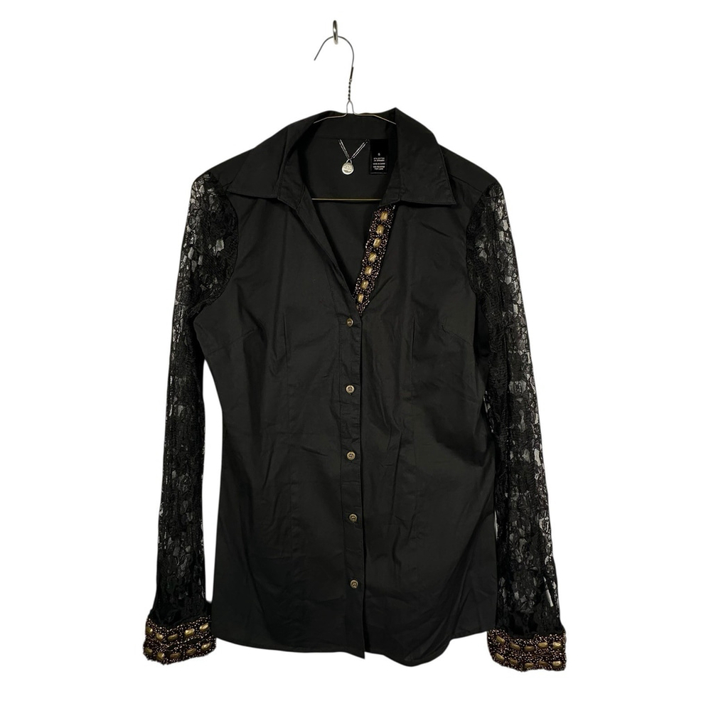 BKE Boutique Women Black Button Down Long Sleeved Shirt Lace Sleeves Size Small
